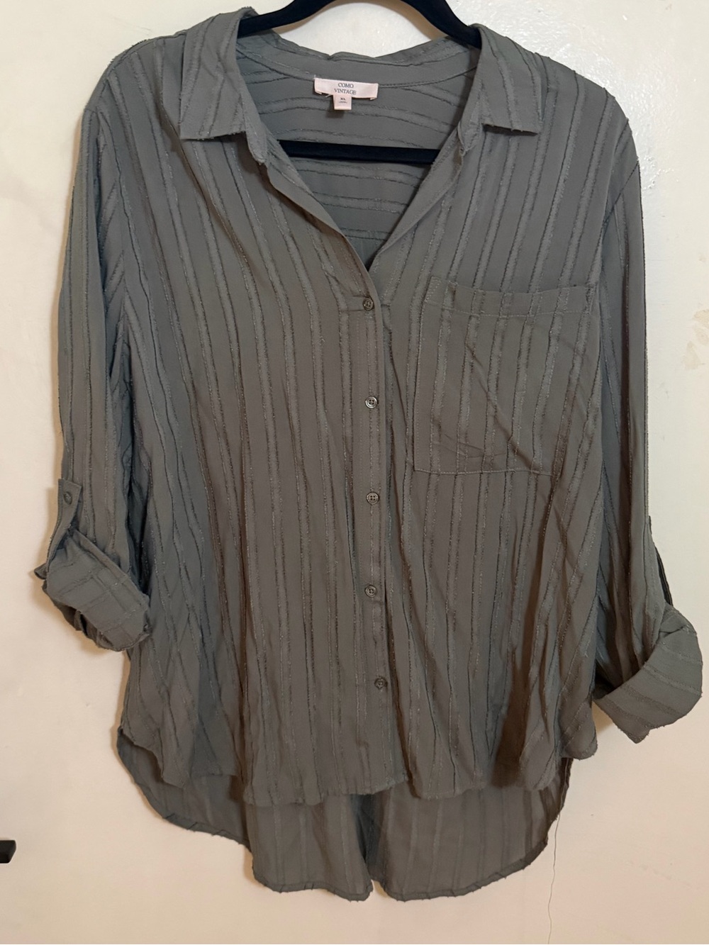 Como Vintage stripe Olive Green Gray Button-Down Shirt with roll tab sleeves XL
